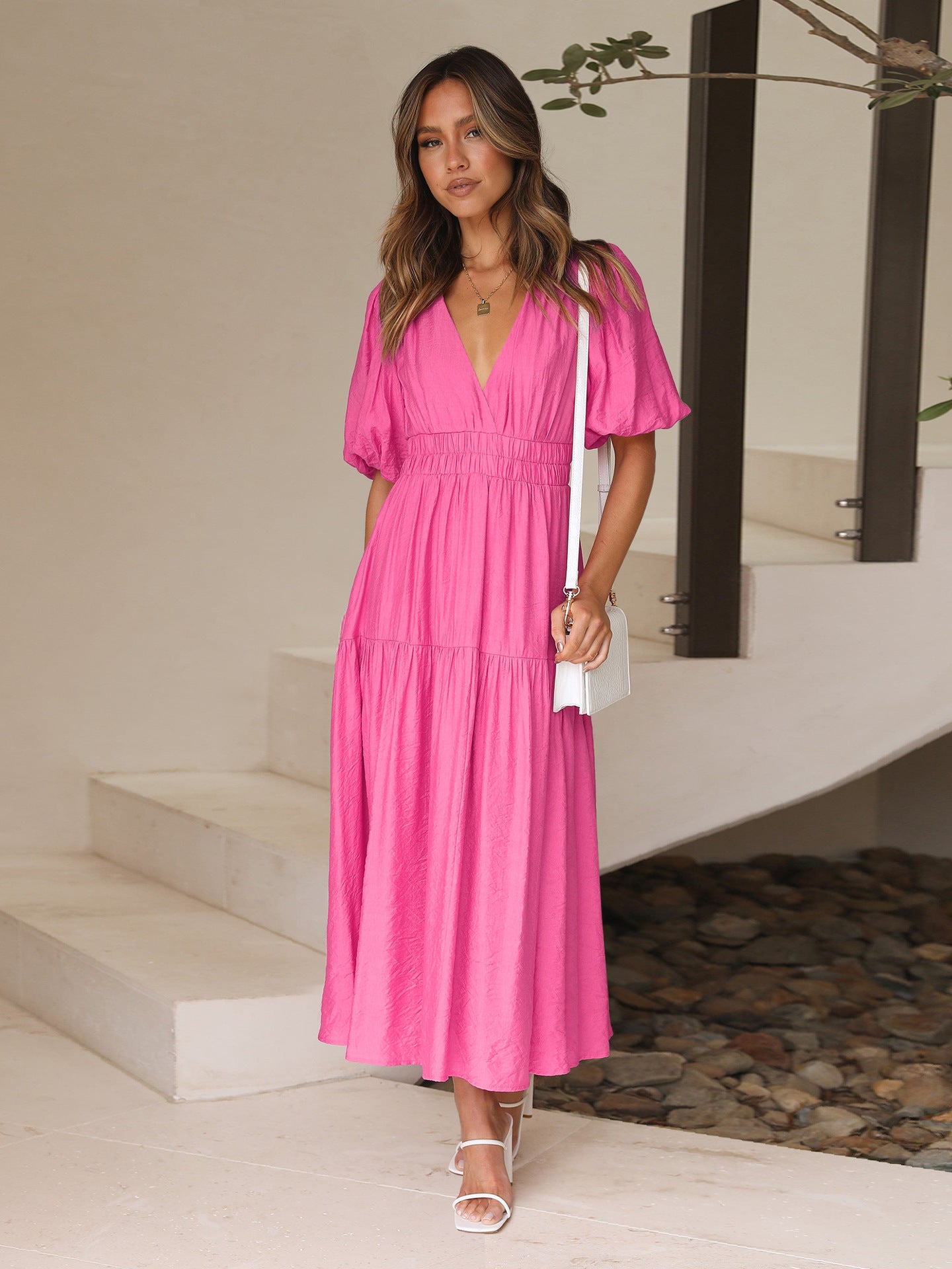 Pink Deep V-Neck Puff Sleeve Layered Dress