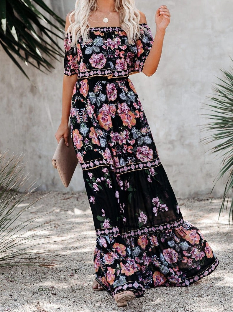 Black Floral Retro Printed Off Shoulder Maxi Dress