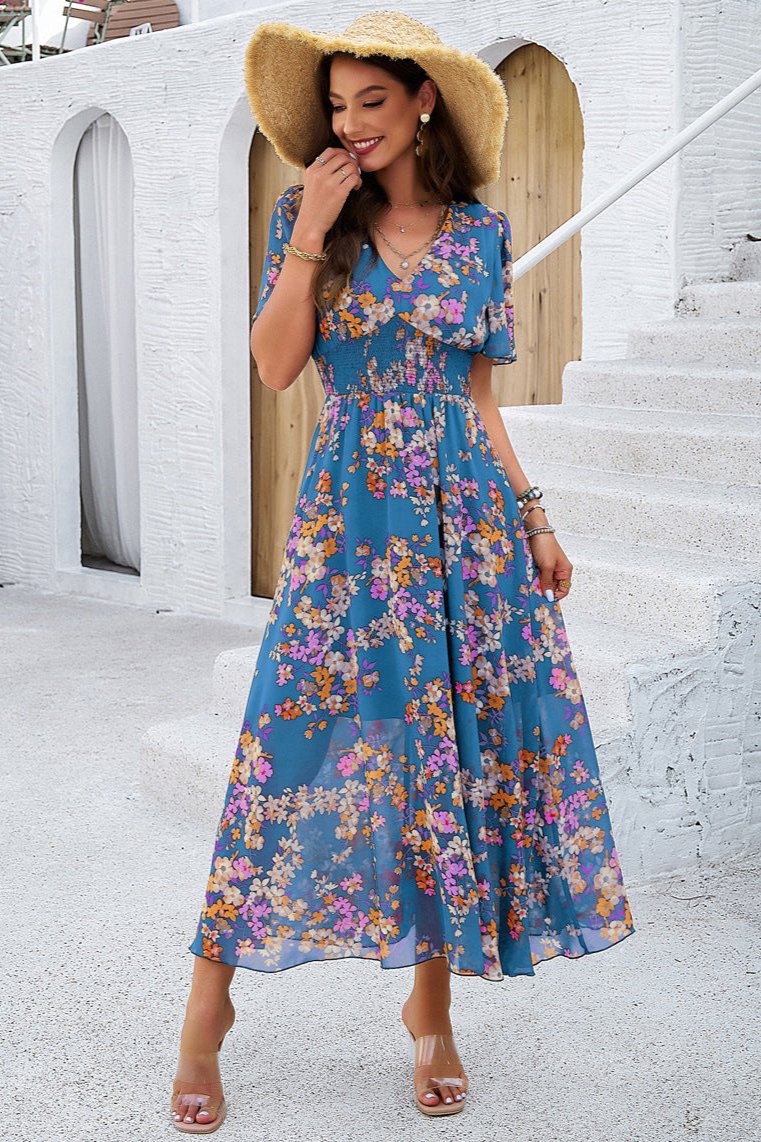 Elegant V-Neck Floral A-Line Midi Dress