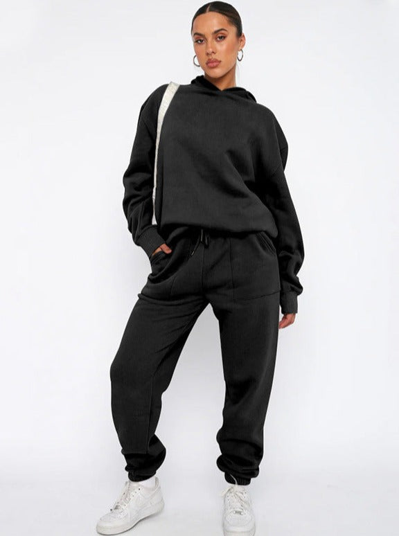 Casual Black Hooded Long Sleeve Sweater and Trousers Set