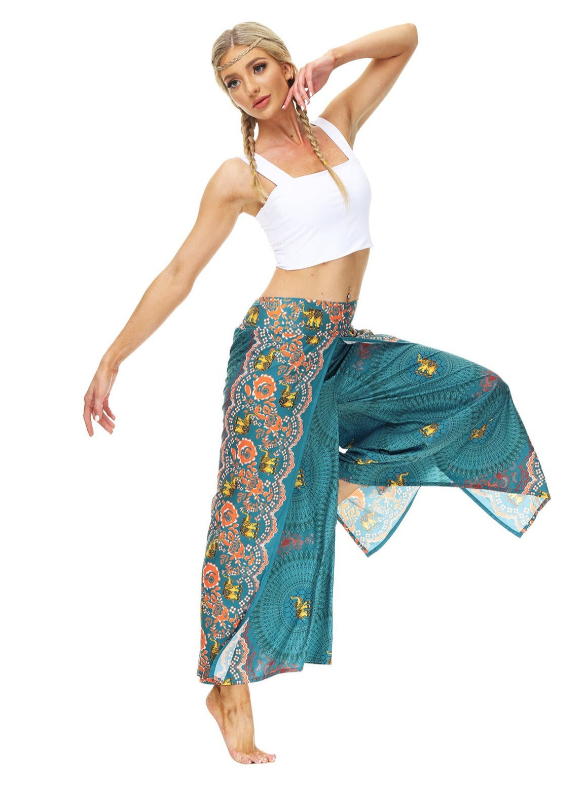 Ethnic Style Digital Printed High-Waisted Wide-Leg Pants