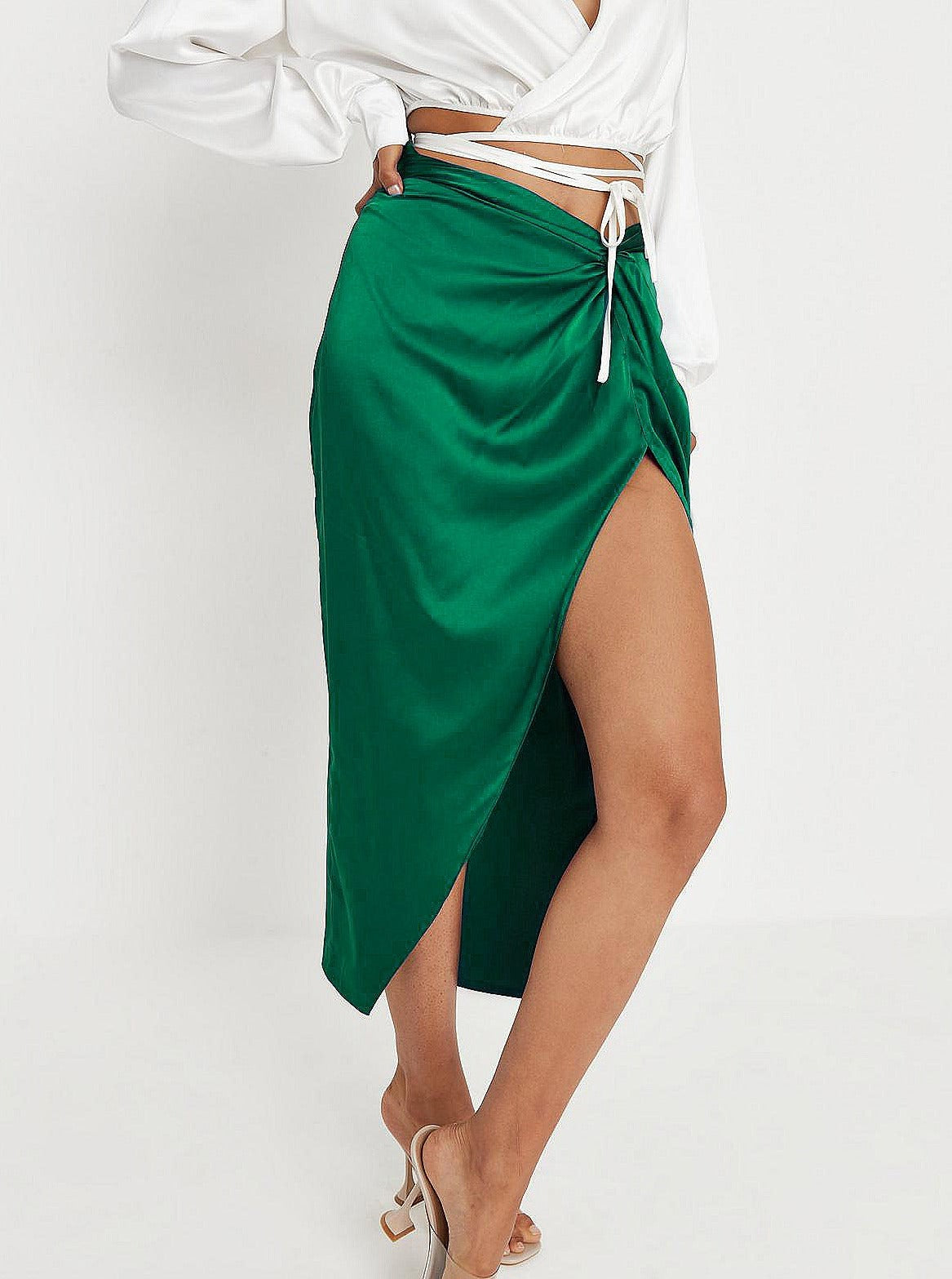Sexy Side Slit Satin Irregular Long Skirt