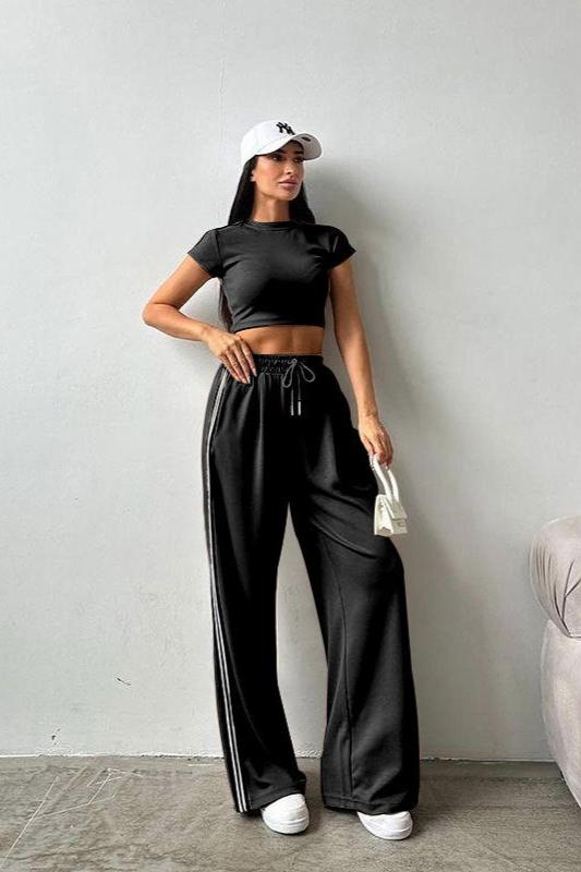 Casual Two Piece Crop Top and High Waist Pants Set