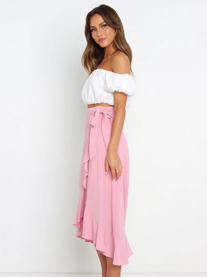 Pink asymmetrisk sexet lang nederdel 