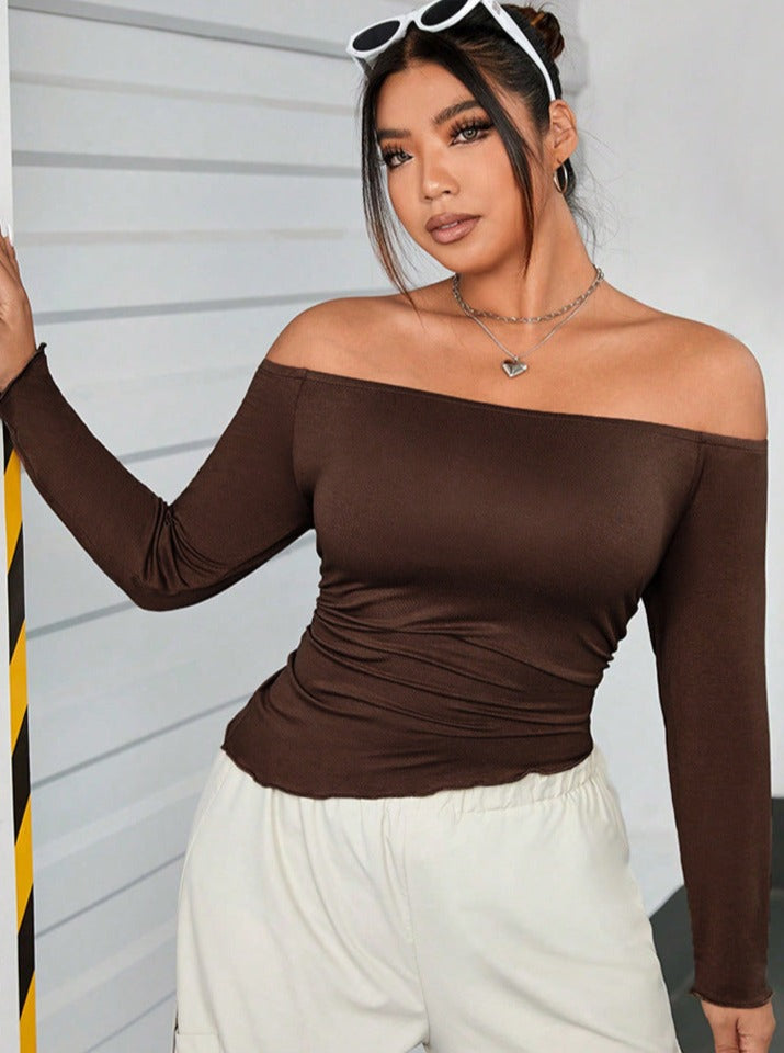 Brown One-Line Collar Off-Shoulder Sexy Top