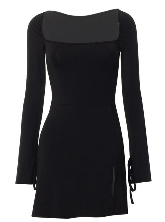 Black Sexy Slim Fit Square Neck Side Skirt Mini Dress