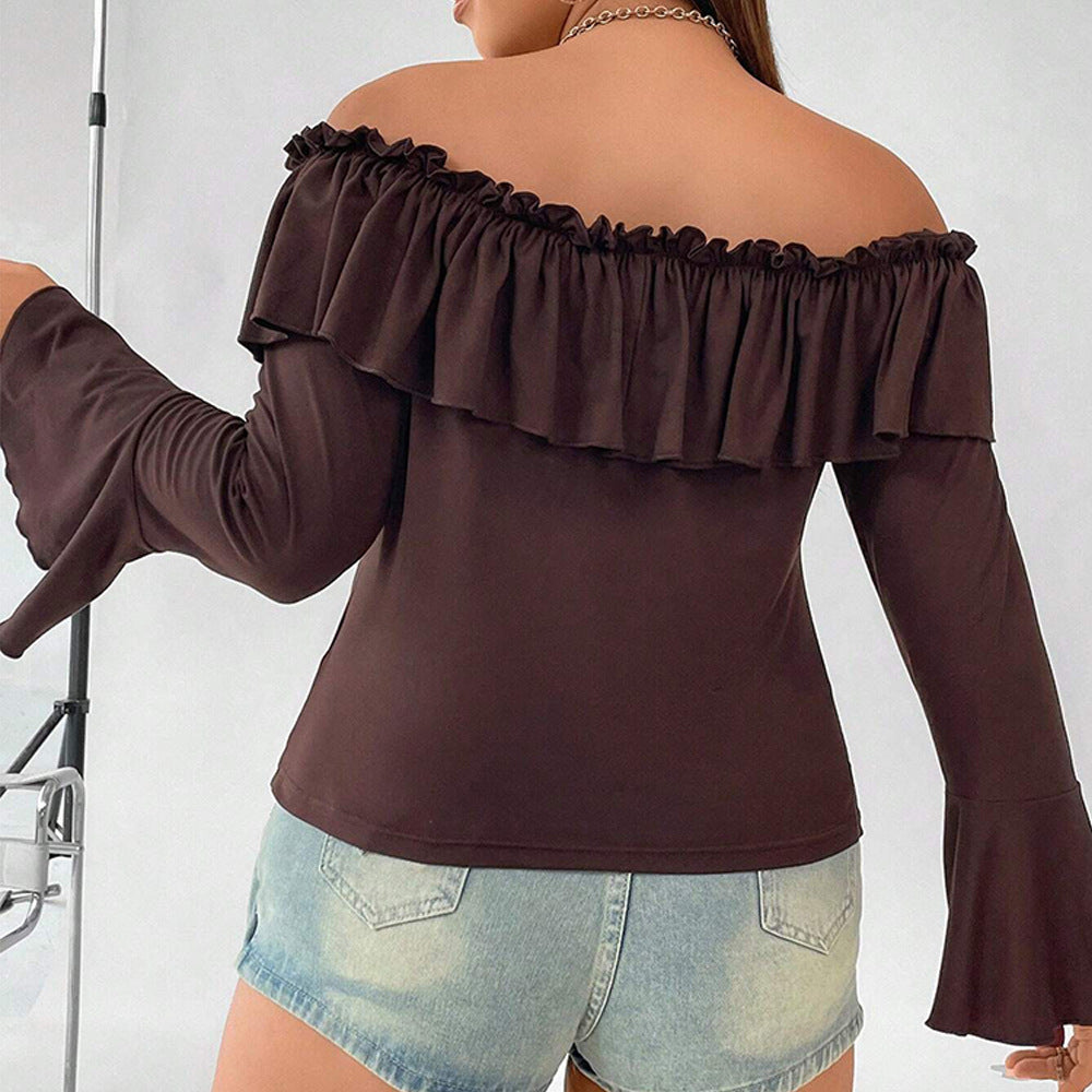 One-Line Collar Ruffled Trumpet Sexy Top