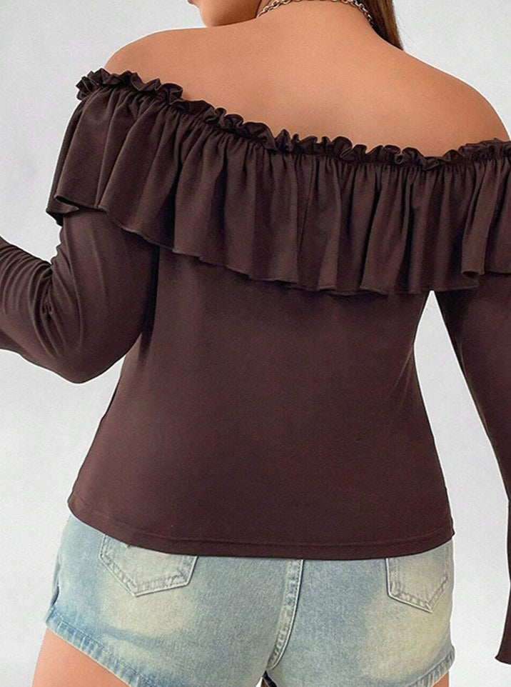 One-Line Collar Ruffled Trumpet Sexy Top