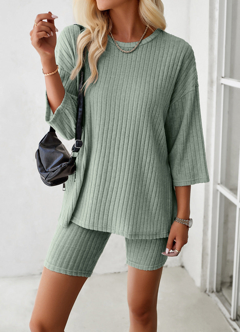 Long Sleeve Knitted Shirt and Shorts Set