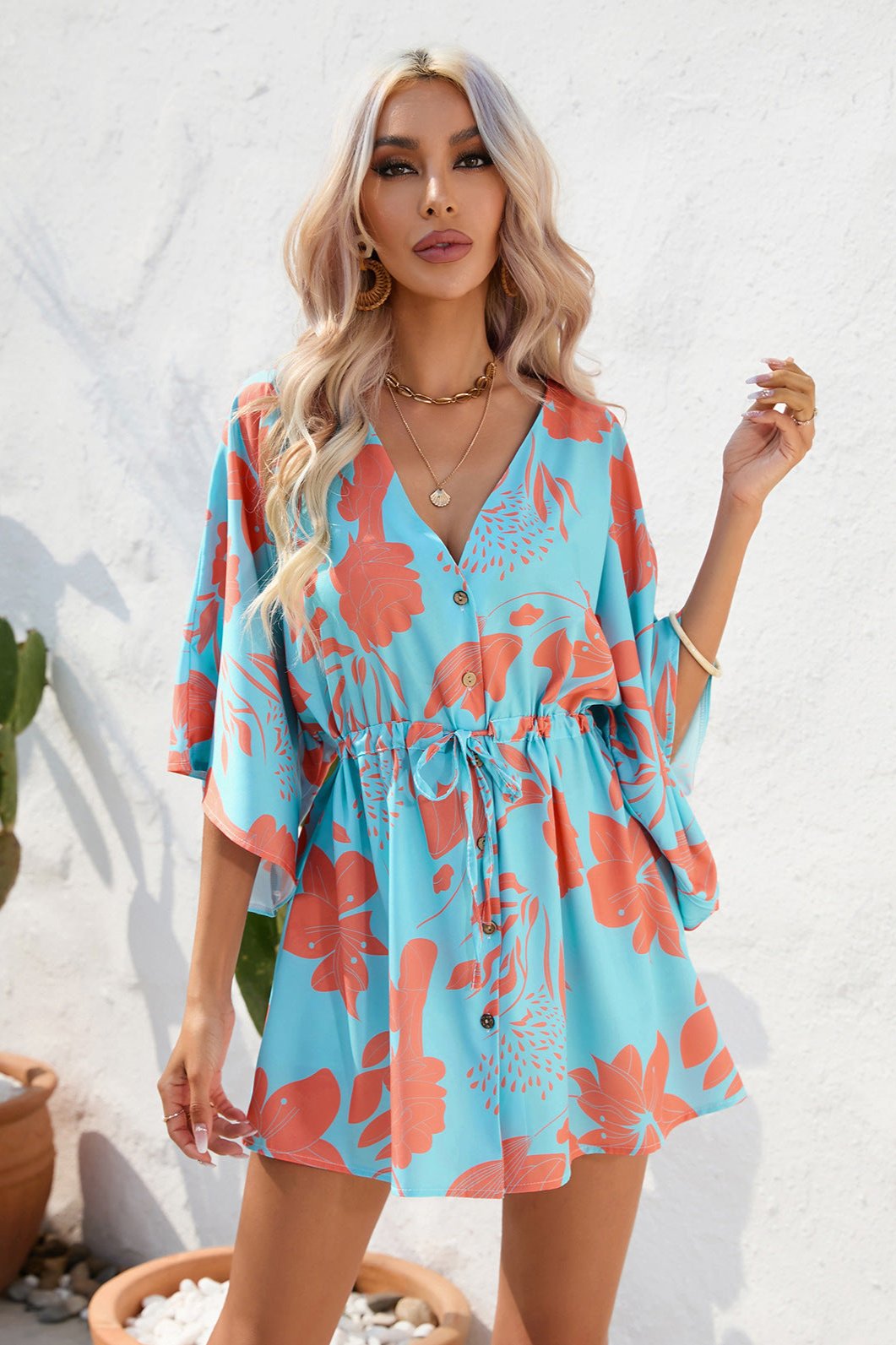 Tropical Printed Half Sleeve Mini Dress