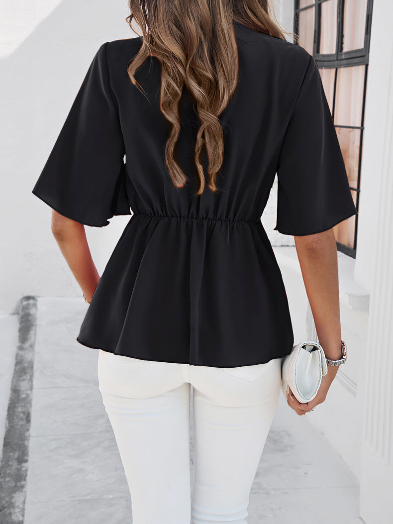 Plain V-Neck Ribbon Tie Blouse