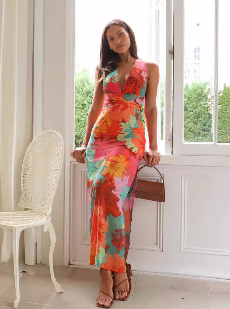 Women's Lace-Up V-Neck Printed Mid-Length Dress