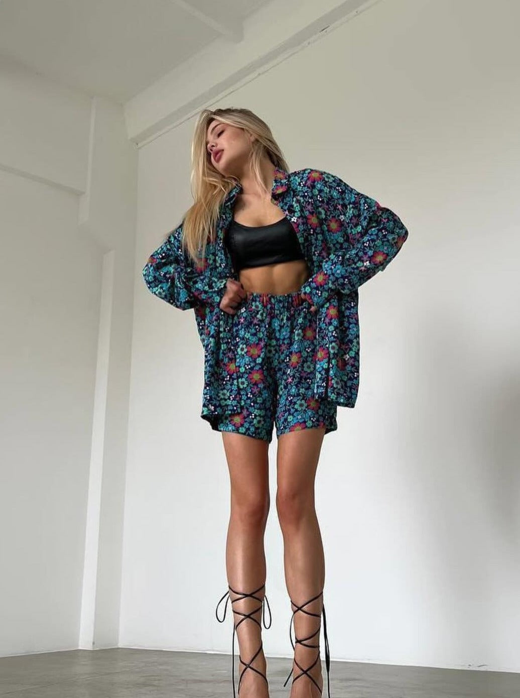 Casual Floral Loose Cardigan Elastic Waist Shorts Two Piece Suit
