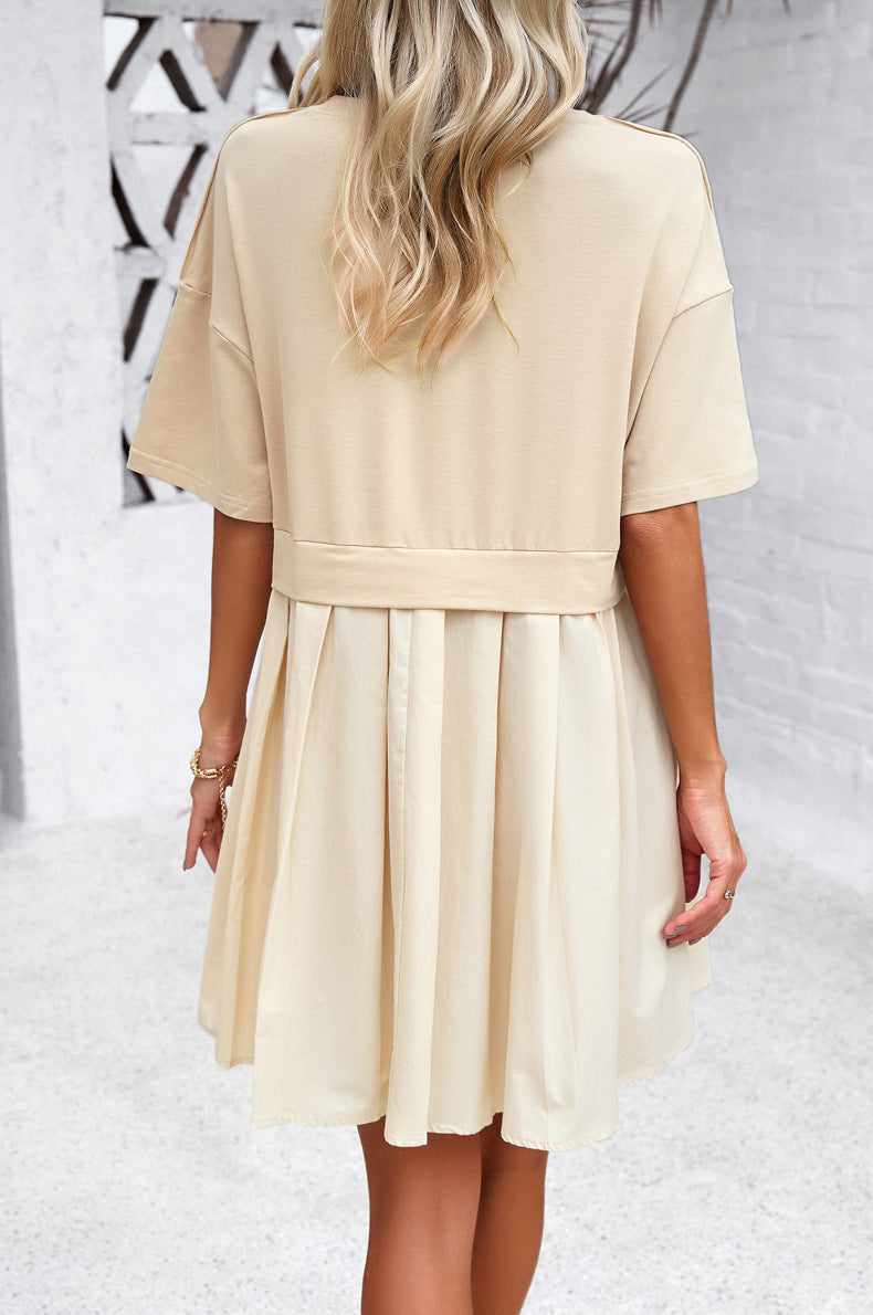 Round Neck Short Sleeve Pleated Dress