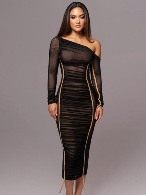 Sexy See Through Cold Shoulder Long Sleeve Bodycon Dress