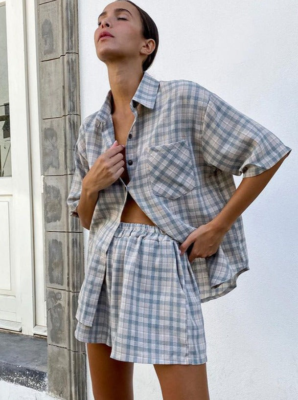 Basic Plaid Button Down Short Sleeve Tops and Shorts Set