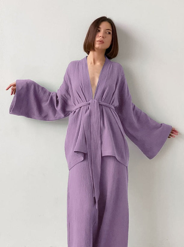 Purple Long-Sleeves Loose Trouser Two-Piece Suit
