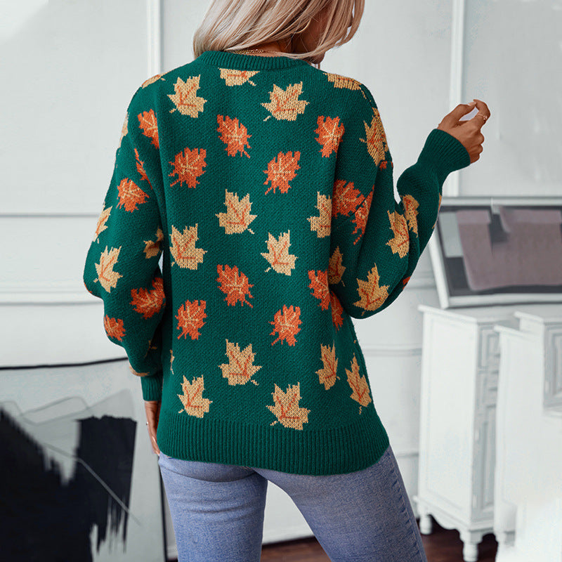 Maple Leaf Printed Long Sleeve Knitted Sweatshirt