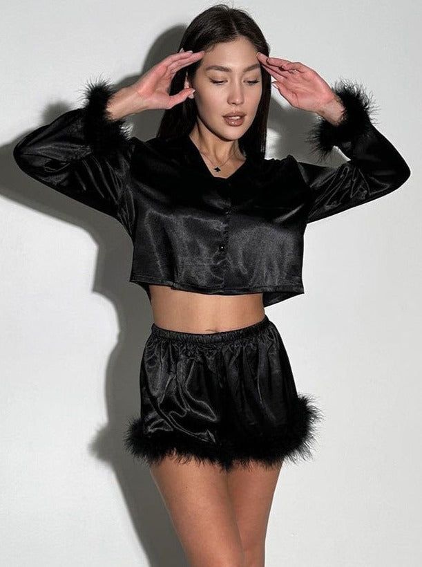 Two Piece Black Feather Home Clothes Long Sleeve Shorts Set