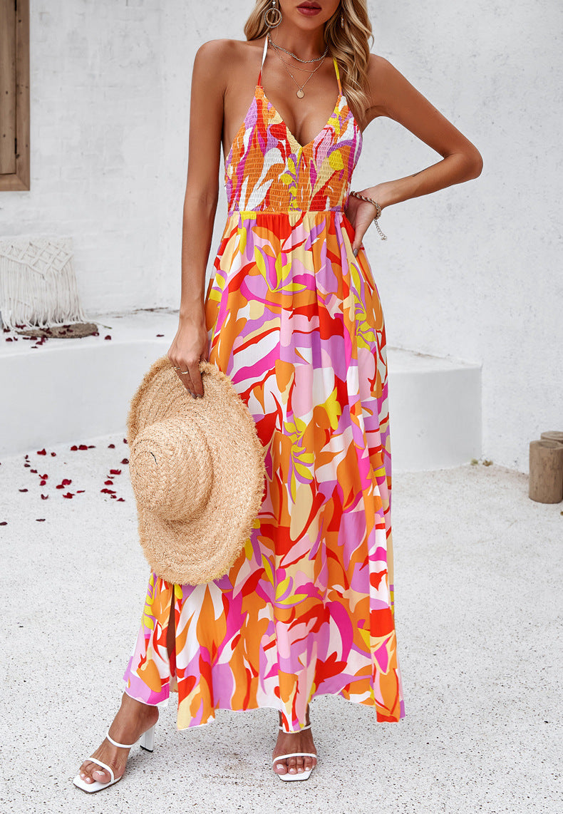 V-Neck Tie Back Printed Long Dress