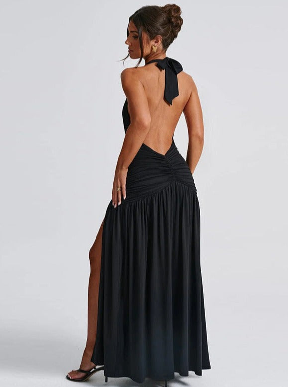 Sexy Black Pleated Slit Temperament Halter V-Neck Backless Dress