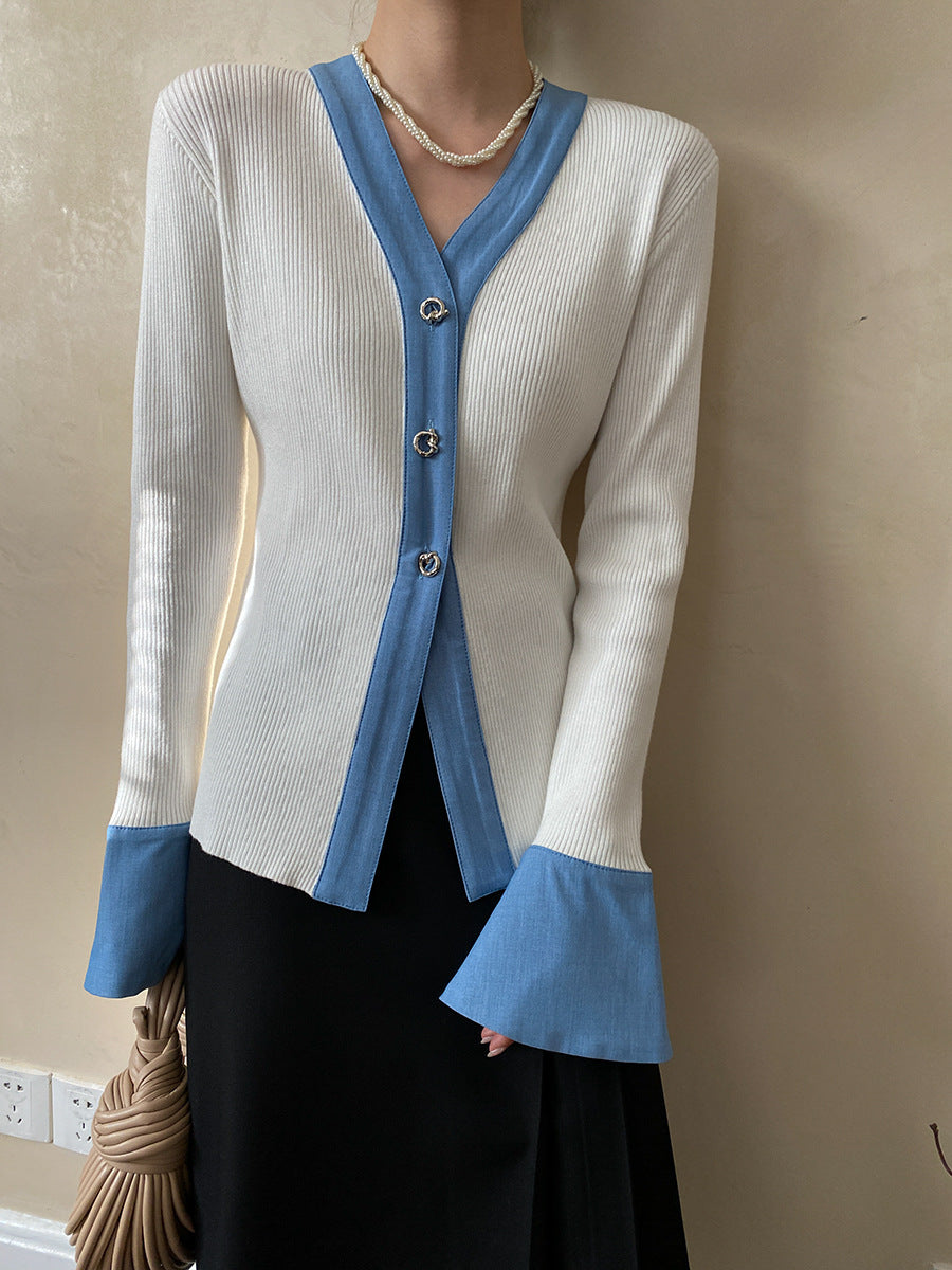 Casual V-Neck Flare Sleeve Knitted Loose Cardigan