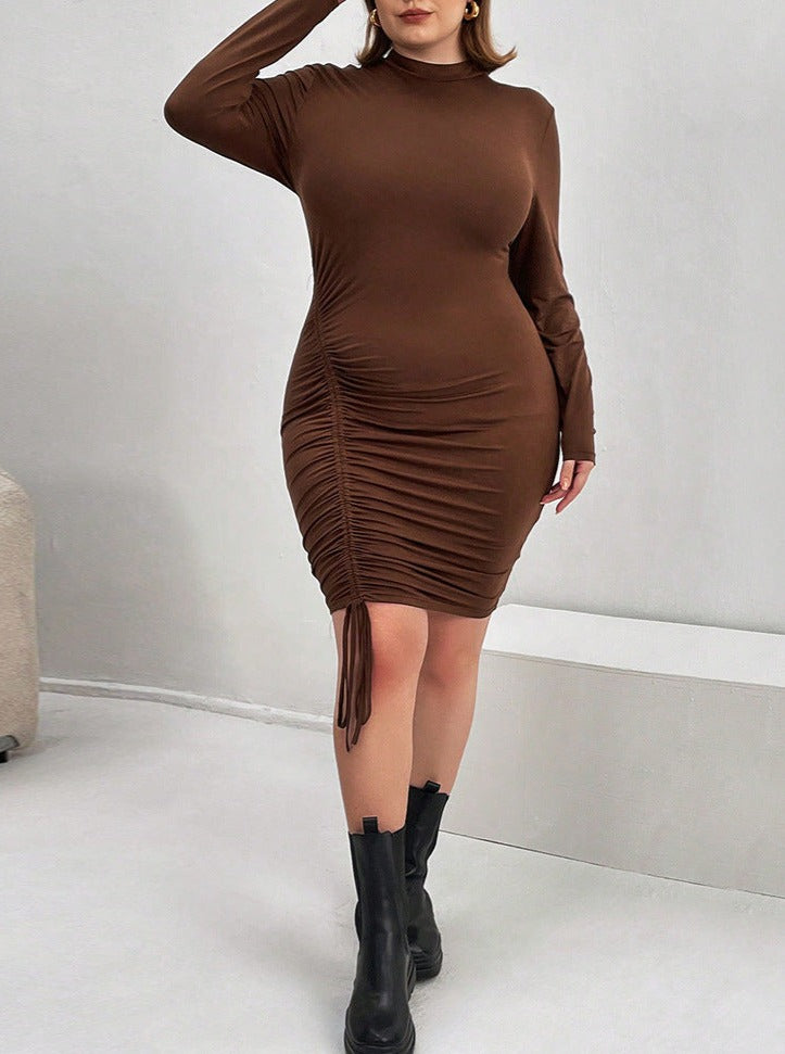 Brown Sexy Plus Size Long Sleeve Slimming Waist Hip Dress