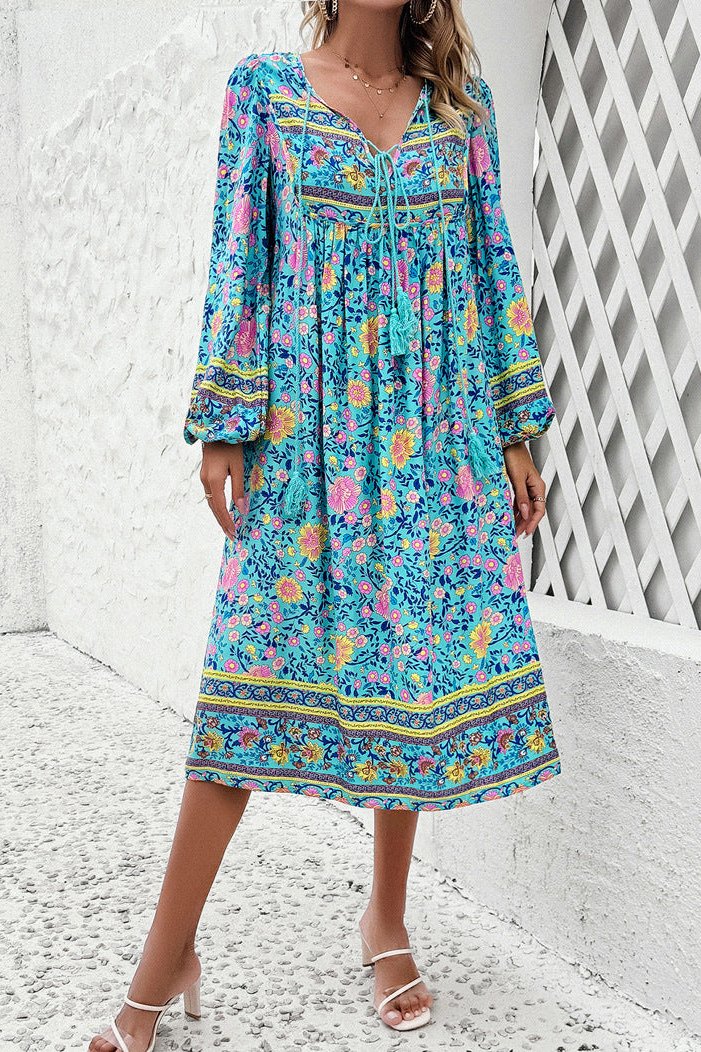 Stylish Floral Long Lantern Sleeve Midi Dress