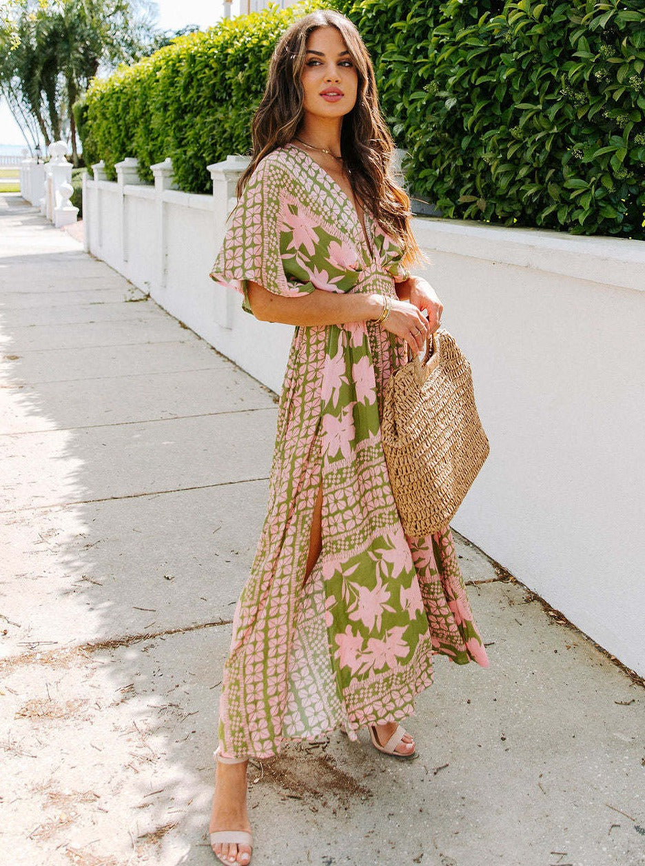 V-Neck Printed Loose Slit Dress