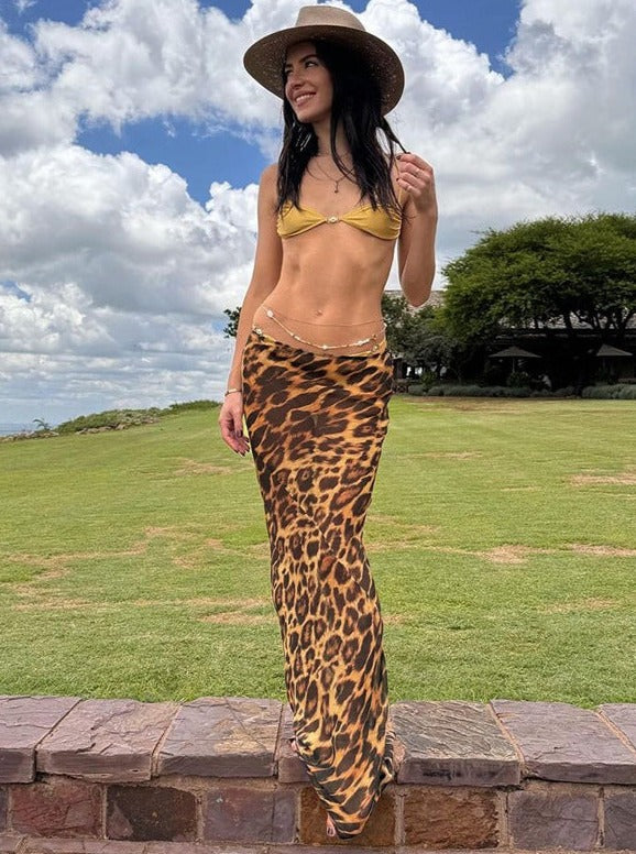 Lang nederdel med leopardprint 