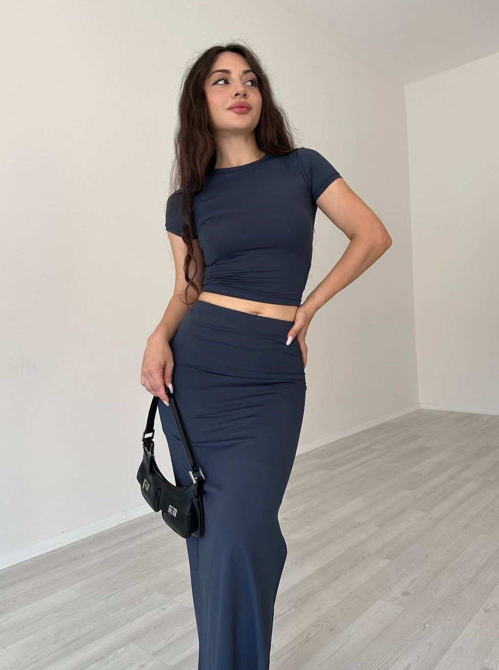Casual Blue Round Neck Crop Top and Skirt Set
