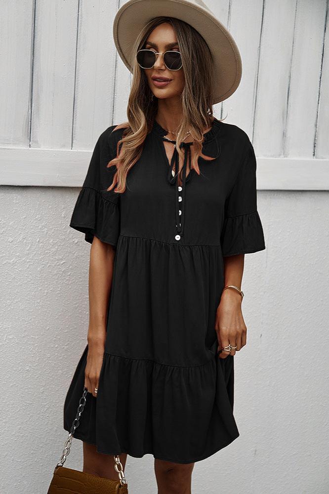 Sexy Frill V-Neck Drawstring Tie Smock Dress