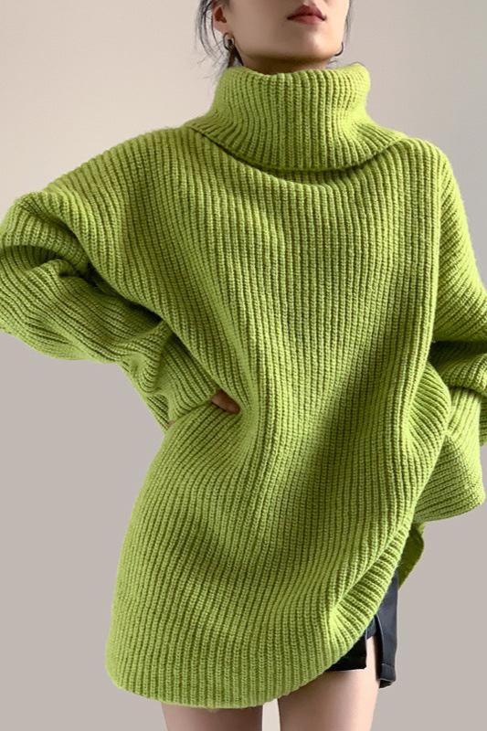 Loose Green Wool Knitted Turtle Neck Pull Over Sweater