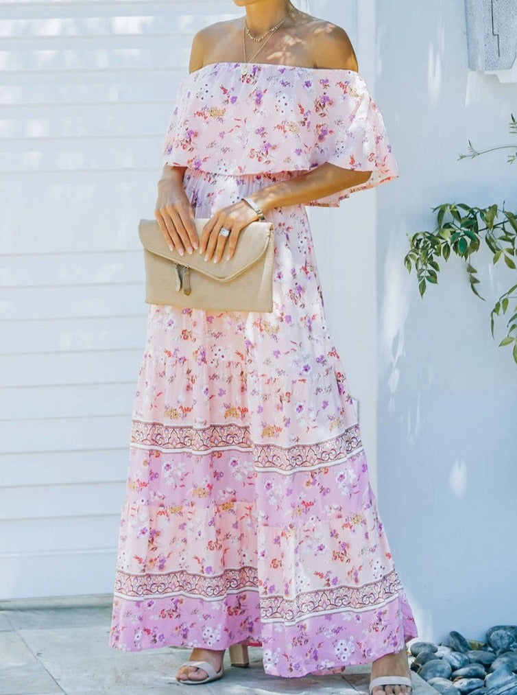 Pink Floral Retro Printed Off Shoulder Maxi Dress