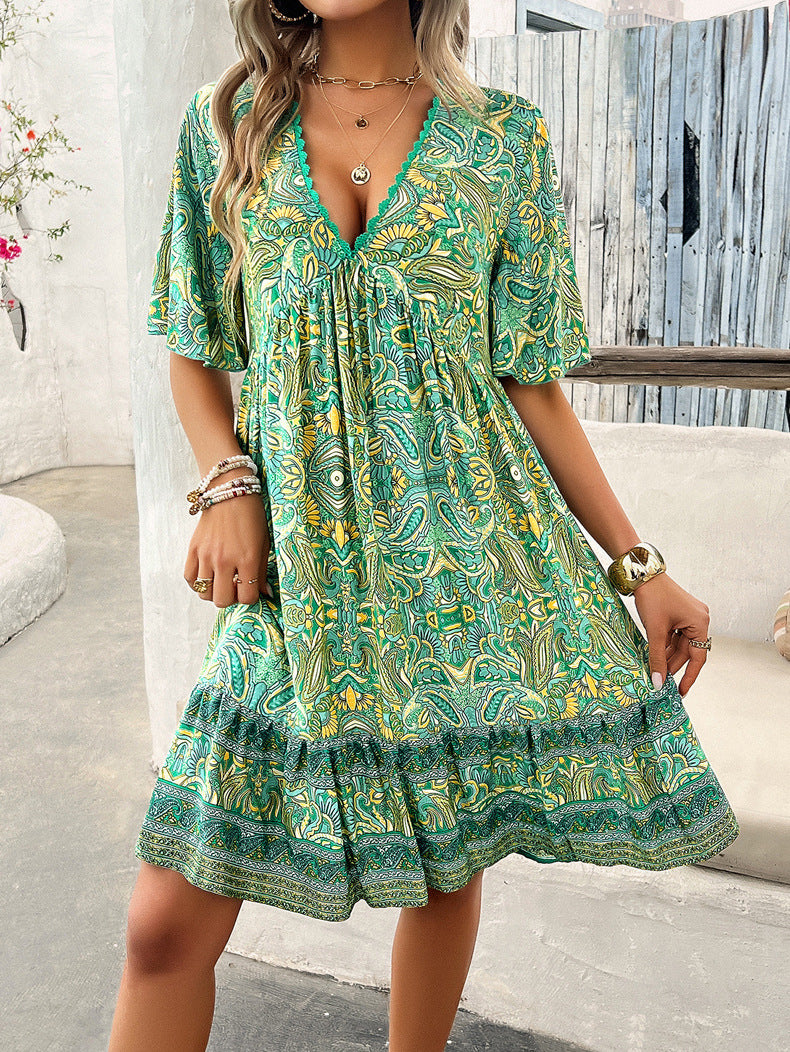 Retro Printed V-Neck Vacation Dress