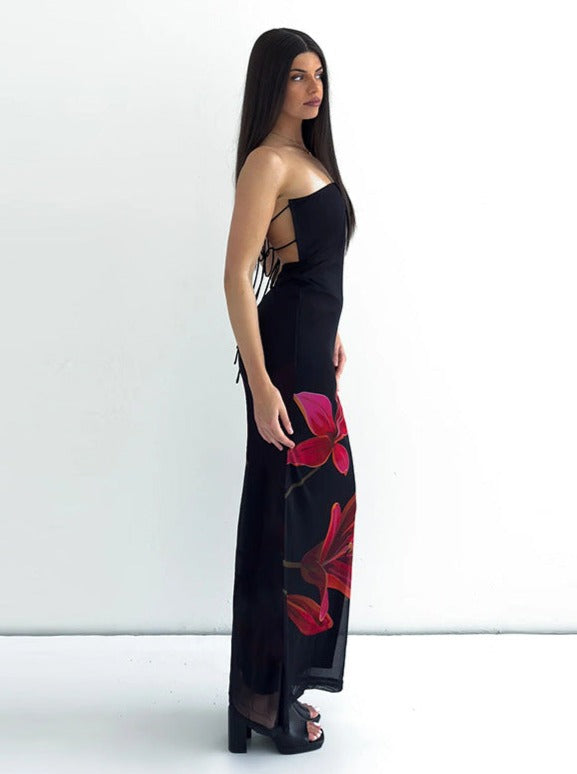 Floral Print Open Back Maxi Dress