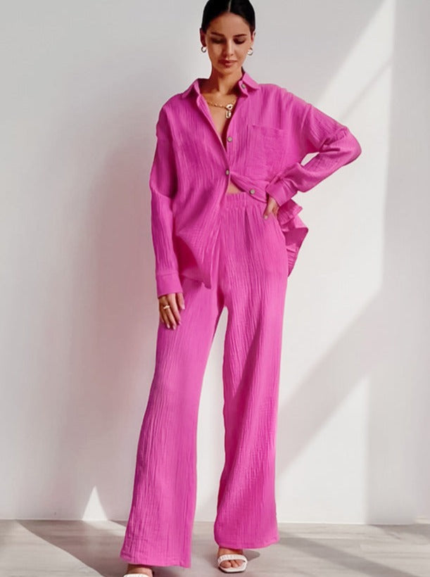 Collared Button Long Sleeve Crepe Pajama Home Wear Set