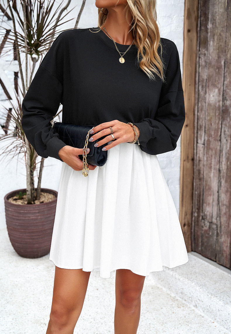 Round Neck Long Sleeve Pleated Dress