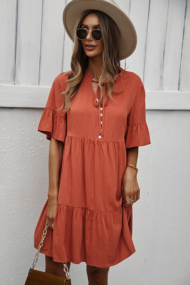 Sexy Frill V-Neck Drawstring Tie Smock Dress