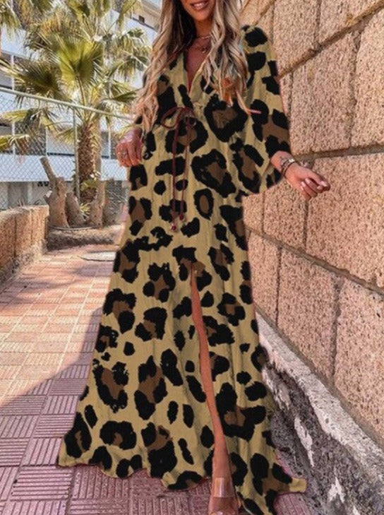 Brun leopardprintet lang kjole med v-hals snørebånd 