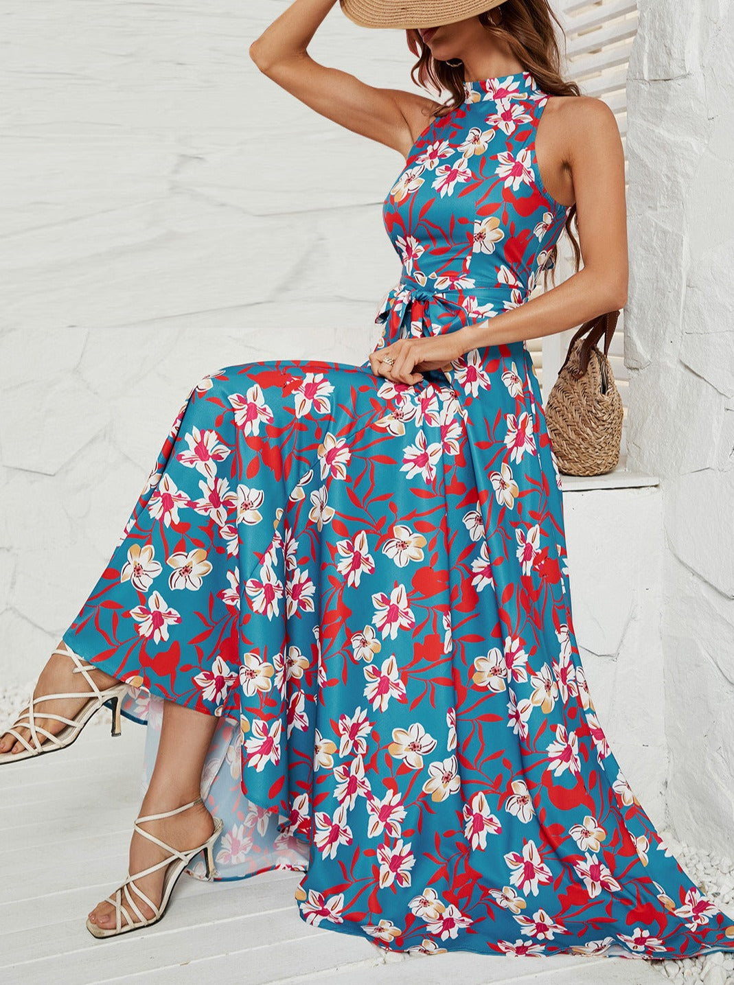 Elegant V-Neck Floral Short Sleeve Maxi Dress