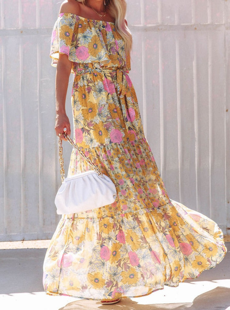 Yellow Floral Retro Printed Off Shoulder Maxi Dress