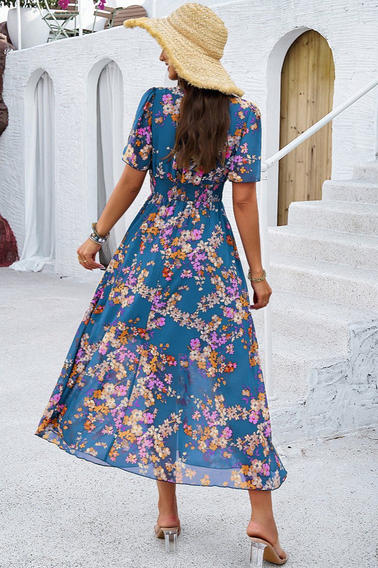 Elegant V-Neck Floral A-Line Midi Dress