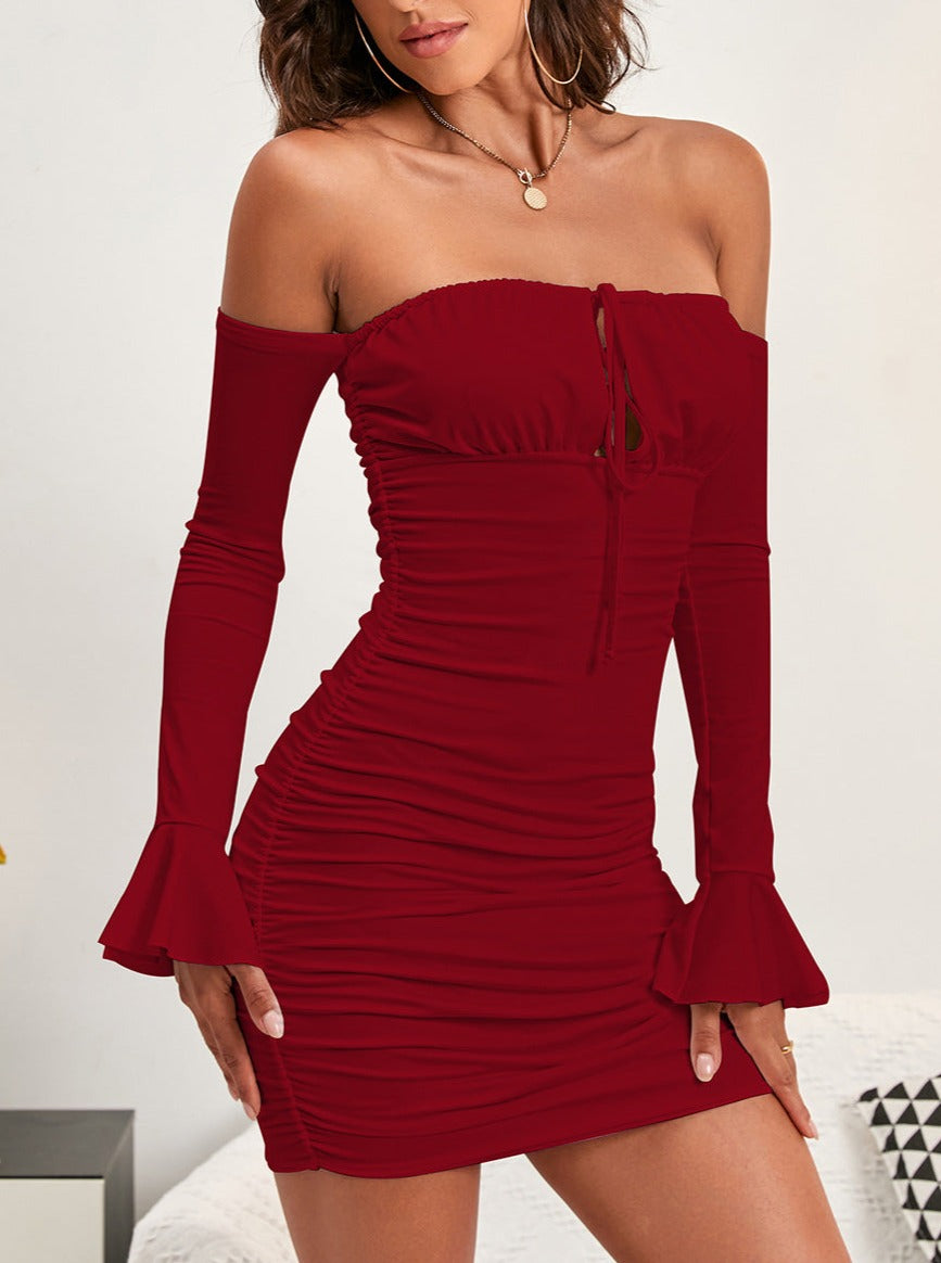 Red Off Shoulder Lace-Up Long Sleeved Slim Hip Sexy Dress
