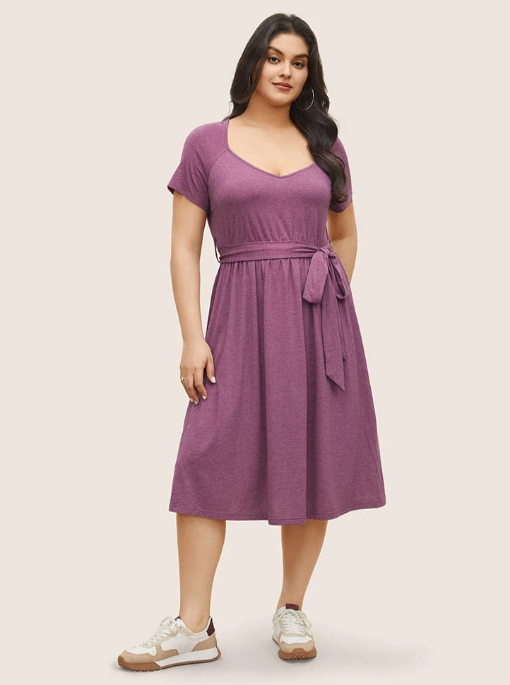 Plus Size Purple Scoop Neck Tie Waist Summer Dress