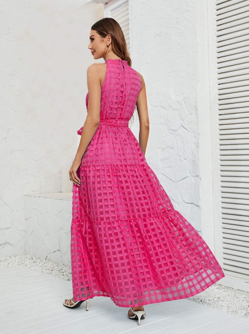 Pink Halter Mesh Belted Maxi Dress