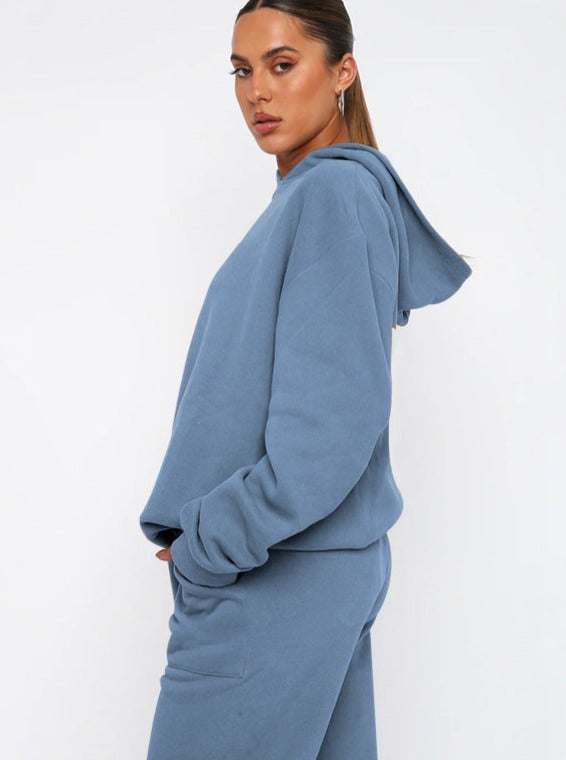 Casual Blue Hooded Long Sleeve Sweater and Trousers Set