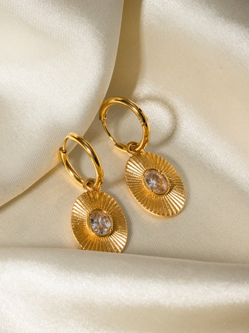 White Diamond Inlaid 18k Gold Plated Oval Earrings