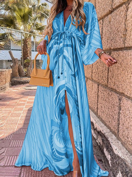 Blue Printed V-Neck Lace-up Long Dress