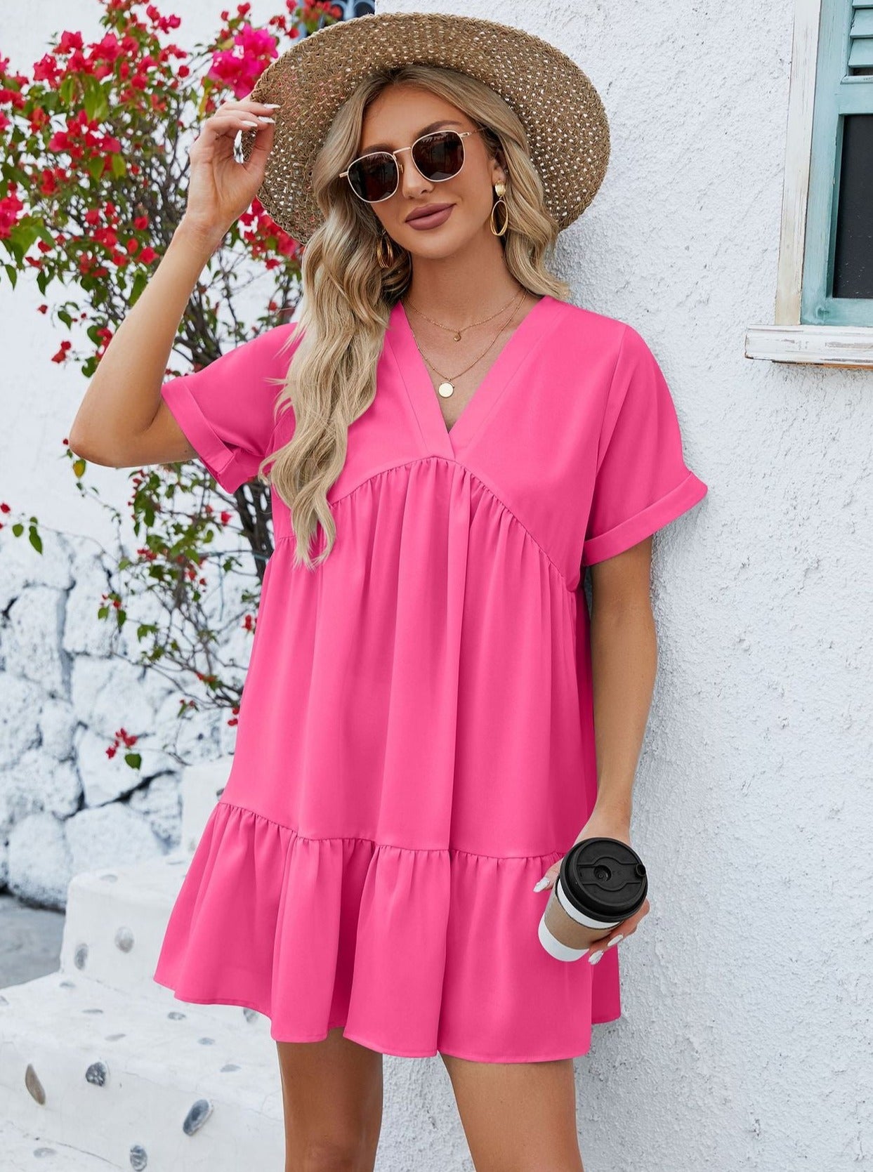 Pink V-Neck Loose Pleated Dress